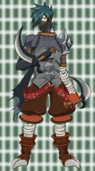  1boy armor belt blue_hair boots brown_eyes cashel gloves mask short_hair shorts sword tales_of_(series) tales_of_legendia weapon 