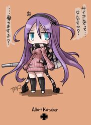  black_thighhighs blue_eyes blush commentary_request cross female gun highres iron_cross kerscher_(milihime_taisen) mecha_musume milihime_taisen military_vehicle motor_vehicle no_pants purple_hair scarf solo sweater tank tao_(kadoya) thighhighs tiger_i weapon 