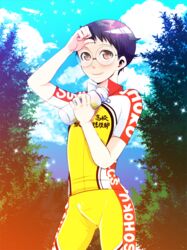  1boy bike_jersey bike_shorts blush bottle glasses holding male male_focus onoda_sakamichi sakamichi_onoda shiny shiny_clothes shiny_hair skin_tight sky smile solo sparkle standing tree water_bottle yowamushi_pedal 