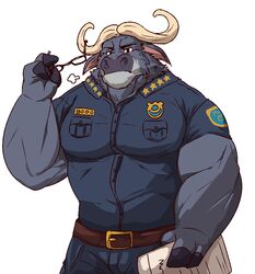  anthro belt biceps big_muscles biped bottomwear bovid bovine cape_buffalo chief_bogo clothed clothing digital_media_(artwork) disney eyewear fully_clothed fur glasses grey_body grey_fur horn istani male mammal muscular muscular_anthro muscular_male pants pecs police police_uniform red_eyes shirt simple_background solo standing topwear uniform white_background zootopia 