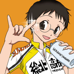  1boy :d bike_jersey black_hair bottle glasses hand_gesture holding onoda_sakamichi open_mouth orange_background sakamichi_onoda short_hair simple_background smile solo water_bottle yowamushi_pedal 