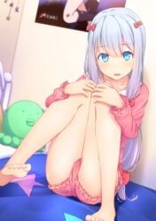  barefoot blue_eyes blue_hair blurry blush bow collarbone commentary_request cuon_(kuon) depth_of_field dutch_angle eromanga_sensei female frills hairbow hands_on_own_knees highres hugging_own_legs indoors izumi_sagiri knees_together_feet_apart knees_up long_hair long_sleeves looking_at_viewer low-tied_long_hair on_bed pajamas parted_lips pink_bow sitting solo stuffed_animal stuffed_octopus stuffed_toy thighs 