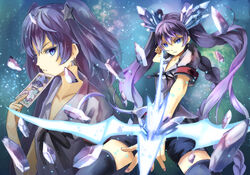  blue_eyes blue_hair boots bow_(weapon) braid card commentary_request earrings female gen&#039;ei_wo_kakeru_taiyou hoshikawa_seira ice jewelry md5_mismatch multiple_views projected_inset purple_eyes purple_hair shorts star_(symbol) tarot tarot_(card) thighhighs twintails uutan_(shibainu_kakumei) weapon 