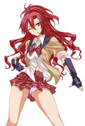  akuma_no_riddle arm_guards black_gloves commentary_request female fingerless_gloves food gloves grin hair_between_eyes hair_ornament hairclip highres long_hair midriff_peek mouth_hold navel one_eye_closed panties pantyshot photoshop_(medium) pink_panties plaid plaid_skirt pocky red_hair sagae_haruki school_uniform simple_background skirt smile solo standing underwear white_background yatsushima_tetsuya 