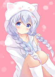  :&lt; absurdres blue_eyes blue_hair blue_shirt blush braid character_hood closed_mouth collarbone commentary_request drawstring female gochuumon_wa_usagi_desu_ka? hair_between_eyes hair_ornament hand_up head_tilt highres holding holding_own_hair hood hood_up hooded_jacket inahori jacket kafuu_chino kneehighs knees_up long_hair long_sleeves looking_at_viewer low_twintails open_clothes open_jacket shirt sitting socks solo tippy_(gochiusa) twin_braids twintails very_long_hair white_jacket white_socks x_hair_ornament 