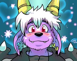  5:4 anthro blush buwaro_elexion clothing demon ear_piercing fur hair horn looking_at_viewer male membrane_(anatomy) membranous_wings piercing purple_body purple_fur red_eyes simple_background slightly_damned smile solo teeth the-chu white_hair wings 