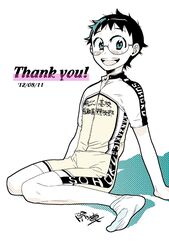  1boy :d ankle_socks arm_support bike_jersey bike_shorts black_hair blush dated glasses male male_focus onoda_sakamichi open_mouth sakamichi_onoda sitting smile socks solo thank_you wariza white_legwear white_socks yowamushi_pedal 