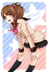  :d argyle_clothes argyle_legwear bent_over black_socks brothers_conflict brown_eyes brown_hair cardigan commentary copyright_name female hair_ornament hands_on_own_knees heart heart_hair_ornament hinata_ema kneehighs looking_at_viewer open_mouth rio_(rio_01) school_uniform serafuku side_ponytail skirt smile socks solo star_(symbol) 