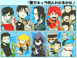  6+boys :d arrow_(symbol) bad_id bad_pixiv_id black_hair blonde_hair blue_background book bottle brown_eyes buraiden_gai character_request clenched_hand clenched_hands clenched_teeth cloak closed_eyes codename:_kids_next_door commentary_request copyright_name copyright_request crossover dango dc_comics death_the_kid double_v fangs food fukumoto_mahjong glasses grin hat heart hood hoodie igawa_hiroyuki inazuma_eleven inazuma_eleven_(series) japanese_clothes jewelry jinnosuke kimono kogure_yuuya konjiki_no_gash!! kudou_gai logo looking_at_viewer matsuno_kuusuke multiple_boys musical_note naruko_shoukichi numbuh_4 open_mouth orange_eyes orange_hair parted_lips pointing ponytail purple_eyes raven_(dc) red_hair ring samurai_champloo sanshoku_dango scar scott_pilgrim_(series) shorts sitting smile soul_eater spot_color sweatdrop t_k_g takamine_kiyomaro teen_titans teeth ten_(manga) tobaku_haouden_zero ukai_zero v v-shaped_eyebrows wagashi wallace_wells wristband yellow_eyes yowamushi_pedal zawa_(onomatopoeia) 