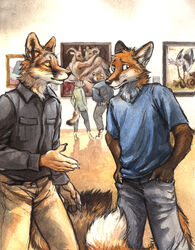  2016 5_fingers anthro black_nose bottomwear brown_body brown_fur canid canine claws clothed clothing devlin_miski dipstick_tail duo_focus felid fingers fluffy fluffy_tail fox fully_clothed fur group hal_kinnel hand_in_pocket hands_in_both_pockets hi_res inside kenket kyell_gold looking_aside looking_at_another male mammal markings multicolored_tail orange_body orange_fur painting_(artwork) pantherine pants pockets rukis shirt standing stripes tail tail_markings tiger topwear traditional_media_(artwork) white_body white_fur wiley_farrel 