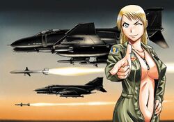  ;) aircraft airplane between_breasts blonde_hair blue_eyes breasts commentary_request dog_tags f-4_phantom_ii female fighter_jet finger_gun firing hand_on_own_hip jet large_breasts long_hair mc_axis military military_vehicle missile navel no_bra one_eye_closed pilot_suit pointing pointing_at_viewer sao_satoru smile solo unzipped vehicle_focus 