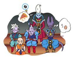  5boys bald beerus bracelet commentary_request crossed_arms dougi dragon_ball dragon_ball_super earrings egg egyptian_clothes embarrassed expressionless eyelashes food hachibani jewelry kuririn long_sleeves looking_at_another looking_down male_focus mohawk multiple_boys nervous pizza pointy_ears potara_earrings rou_kaioushin shin_(dragon_ball) simple_background sitting sparkle staff sweatdrop tall_hair thought_bubble twitter_username whis white_background white_hair wristband 