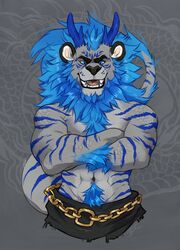  2018 abs anthro beard biceps bigroundlion blue_eyes blue_hair chains clothed clothing crossed_arms facial_hair felid hair hi_res horn hybrid lion looking_at_viewer male mammal muscular muscular_anthro muscular_male navel pantherine solo tiger tigon topless 