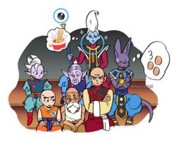  6+boys bald beard beerus commentary_request cup_ramen dougi dragon_ball dragon_ball_super drooling earrings egg facial_hair food hachibani jewelry kuririn looking_at_another looking_away male_focus mohawk multiple_boys muten_roushi nervous noodles pointy_ears potara_earrings ramen rou_kaioushin serious shin_(dragon_ball) simple_background sitting sparkle staff sweatdrop tall_hair tenshinhan thought_bubble twitter_username whis white_background white_hair wristband 