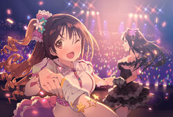  2girls ;d audience black_gothic_dress_(idolmaster) blush bow brown_eyes brown_hair chair commentary_request crop_top ddal dress female_pov green_eyes hat highres honda_mio idol idolmaster idolmaster_cinderella_girls long_hair md5_mismatch multiple_girls new_generations_(idolmaster) one_eye_closed open_mouth out_of_frame outstretched_arms pink_check_school_(idolmaster) plaid plaid_bow pov pov_hands shibuya_rin shimamura_uzuki smile stage star_(symbol) sunset_nostalgie_(idolmaster) 