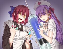  2girls :d apron bb_(bb_shot!)_(fate) bb_(fate) between_fingers blue_bow blue_ribbon bow breasts brown_kimono choker cleavage commentary_request crossover fate/extra fate/extra_ccc fate/grand_order fate_(series) hair_ribbon hairbow half_updo hat holding holding_syringe japanese_clothes kagetsu_tooya kimono kohaku_(tsukihime) kuro_ousama large_breasts large_syringe long_hair long_sleeves looking_at_viewer maid maid_apron multiple_girls nurse nurse_cap open_mouth oversized_object purple_hair red_hair red_ribbon ribbon shaded_face short_hair short_sleeves sidelocks smile syringe trait_connection tsukihime upper_body wa_maid white_apron wide_sleeves yellow_eyes 