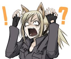  !? :o animal_ears black_gloves blonde_hair commentary_request extra_ears female fingerless_gloves gloves grey_eyes hands_up hetza_(hellshock) kemonomimi_mode light_brown_hair long_sleeves looking_up open_mouth original simple_background solo surprised suzumi_(hetza) sweatdrop swept_bangs upper_body v-shaped_eyebrows white_background wide-eyed 