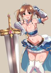  breasts brown_eyes brown_hair commentary_request female gauntlets granblue_fantasy idolmaster idolmaster_cinderella_girls large_breasts looking_at_viewer open_mouth senshiya solo sword totoki_airi twintails weapon 