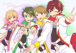  4boys ;) ;d aikatsu!_(series) aikatsu_stars! aqua_eyes bad_id bad_pixiv_id blue_eyes blush brown_hair coat color_coordination commentary_request formal glasses green_hair headset idol idol_clothes igarashi_nozomu iketsuko kasumi_asahi kira_kanata m4_uniform male_focus multiple_boys one_eye_closed open_clothes open_coat open_mouth purple_eyes red_hair smile sparkle sweat v white-framed_eyewear yuuki_subaru 