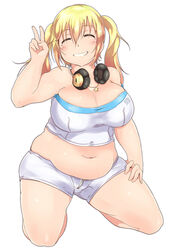  bandeau bare_shoulders blonde_hair blush breasts cleavage closed_eyes commentary_request crop_top facing_viewer female headphones headphones_around_neck heo_(tkgm) huge_breasts midriff navel nitroplus plump short_hair smile solo strapless super_pochaco thick_arms tube_top twintails v 