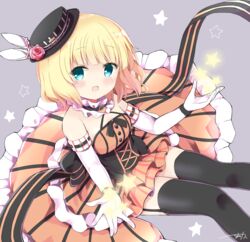  :d aqua_eyes bare_shoulders belt_buckle black_bow black_hat black_ribbon black_thighhighs blonde_hair blush bow breasts buckle collar commentary_request cross-laced_clothes dress elbow_gloves female flower frilled_collar frills garter_straps gloves gochuumon_wa_usagi_desu_ka? grey_background halterneck hat hat_flower hat_ornament himarisu_(hida_mari) kirima_syaro layered_dress long_dress looking_at_viewer mini_hat mini_top_hat open_mouth orange_dress outstretched_hand ribbon rose short_hair signature simple_background sitting sleeveless sleeveless_dress small_breasts smile solo star_(symbol) striped thighhighs top_hat underbust white_gloves wristband 