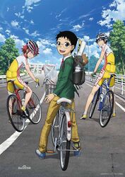  3boys :d backpack bag bicycle bicycle_helmet bike_jersey bike_shorts black_hair glasses helmet imaizumi_shunsuke looking_back male male_focus multiple_boys naruko_shoukichi onoda_sakamichi open_mouth red_hair sakamichi_onoda school_uniform shokichi_naruko short_hair shunsuke_imaizumi sky smile yowamushi_pedal 