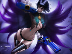  alternate_hair_length alternate_hairstyle amulet ankle_gun bayonetta bayonetta_(series) bayonetta_2 black_hair boots breasts commentary_request cross-laced_footwear earrings eyeshadow female glasses gun handgun jewelry leather legs lipstick lolliedrop makeup mole mole_under_mouth navel panties sakimichan_(style) solo underwear weapon 