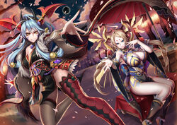  2girls \||/ ahoge armor asymmetrical_legwear bad_id bad_pixiv_id bare_shoulders blonde_hair blue_eyes breasts bridal_gauntlets cherry_blossoms choker cleavage detached_sleeves dutch_angle eclipse eyelashes facial_mark fingernails forehead_mark fur_trim grass grey_legwear grin hair_ornament horn_ornament horns japanese_clothes jewelry kanna_(p&amp;d) kimono lantern large_breasts leg_warmers long_fingernails long_sleeves looking_at_viewer magatama mismatched_legwear multiple_girls nail_polish obi oil-paper_umbrella orb outdoors outstretched_arm palms paper_lantern pelvic_curtain pendant petals pointy_ears ponytail puuzaki_puuna puzzle_&amp;_dragons red_legwear red_nails ring rope sash satsuki_(p&amp;d) sharp_fingernails short_kimono sidelocks sitting smile string tassel thighhighs tree twintails umbrella wide_sleeves yellow_eyes 