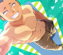  1boy abs bald flip-flops gakugakusuru grin haikyuu!! male_focus monochrome muscle nipples pecs selfie shaved_head shirtless slippers solo tagme tanaka_ryuunosuke topless 