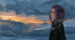  bangs_pinned_back black-framed_eyewear cloud commentary_request female fur-trimmed_jacket fur_trim glasses jacket kagamihara_sakura kagumanikusu long_hair long_sleeves purple_eyes purple_hair sky solo yurucamp 