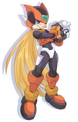  1boy absurdres android bad_id bad_twitter_id black_eyes blonde_hair commentary_request full_body gun helmet highres holding holding_weapon long_hair male_focus mega_man_(series) mega_man_zero_(series) omeehayo simple_background solo standing very_long_hair weapon white_background zero(z)_(mega_man) zero_(mega_man) 