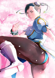  artist_request ass black_hair boots bun_cover capcom cherry_blossoms chinese_clothes chun-li female fighting_stance pantyhose petals solo spiked_bracelet street_fighter takemaru08 