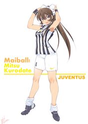  adjusting_bow armpits bow breasts brown_eyes brown_hair cleats commentary_request female full_body hairbow highres inoue_sora italian_flag italy jersey juventus_fc kijiyama_north_high_school kurodate_mitsu long_hair looking_at_viewer loose_socks mai_ball! medium_breasts nike_(company) open_mouth ponytail serie_a shirt shorts sleeves_rolled_up soccer soccer_uniform socks solo sportswear striped_clothes striped_shirt vertical-striped_clothes vertical-striped_shirt white_background wristband 