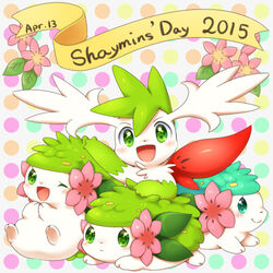  1:1 aimia492 alternate_color ambiguous_gender back_plant back_shrub banner black_nose blush daww dotted_background elemental_creature english_text feral flora_fauna flower flower_(anatomy) fur generation_4_pokemon green_body green_eyes green_fur group head_flower land_forme_shaymin leaf legendary_pokemon looking_at_viewer lying mammal nintendo one_eye_closed open_mouth pattern_background plant pokemon pokemon-specific_day pokemon_(species) shaymin shaymin_day shiny_pokemon simple_background sky_forme_shaymin smile speech_scroll text tongue white_body white_fur 