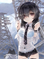  aratagawa_nikei belt black_hair bra breasts brown_eyes commentary_request dowsing_rod feline female kirishima_sagiri large_breasts long_hair necktie outdoors power_lines see-through short_shorts shorts thighhighs transmission_tower ukagaka underwear wet wet_clothes wristband 