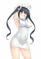  armpits arms_up black_hair blue_eyes blue_ribbon blush breasts cleavage cleavage_cutout clothing_cutout commentary_request cowboy_shot dress dungeon_ni_deai_wo_motomeru_no_wa_machigatteiru_darou_ka female gloves hair_ribbon hestia_(danmachi) highres kuroneko_shiro large_breasts long_hair looking_at_viewer md5_mismatch one_eye_closed pencil_dress rei_no_himo ribbon solo stretching twintails white_dress white_gloves 