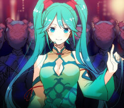  aqua_eyes aqua_hair bad_id bad_pixiv_id china_dress chinese_clothes cleavage_cutout clothing_cutout commentary_request detached_sleeves dress female hatsune_miku headset long_hair project_diva_(series) project_diva_f smile solo suigyoku_(module) tayoko twintails vocaloid world&#039;s_end_dancehall_(vocaloid) 