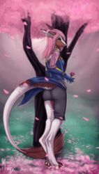  anthro ass brown_body brown_fur cherry_blossom clothing curling_toes dra&#039;essa feet female flower fur hair iluq long_ears mammal meeka_rose pawpads paws pink_eyes pink_hair plant prunus_(flower) romantic romantic_ambiance scenery solo tale_of_tails white_body white_fur 