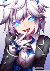  blue_eyes butler commentary demon_power_(elsword) elsword female female_butler fi-san formal gloves gradient_background heart heart-shaped_pupils horns long_hair looking_at_viewer luciela_r._sourcream open_mouth photoshop_(medium) pointy_ears ribbon short_hair solo suggestive_fluid suit symbol-shaped_pupils tongue tongue_out tuxedo_shirt white_gloves white_hair 