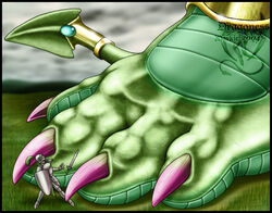  2004 ambiguous_gender anthro armor claws clothed clothing dragon duo english_text feet female foot_focus foot_shot grass green_body green_scales human jewelry larger_anthro larger_female macro mammal markie melee_weapon mythological_creature mythological_scalie mythology nina_(markie) outside plant plantigrade scales scalie shield size_difference smaller_ambiguous smaller_human sword text toe_claws weapon 