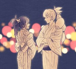  couple fan female festival fire_emblem fire_emblem_if hallo-byby japanese_clothes kimono monochrome nintendo oboro_(fire_emblem_if) takumi_(fire_emblem_if) 