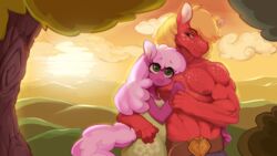  16:9 abs absurd_res anthro anthrofied athletic belt biceps big_macintosh_(mlp) cheerilee_(mlp) clothed clothing duo earth_pony equid equine female friendship_is_magic fur hair hallogreen hasbro hi_res horse male male/female mammal muscular my_little_pony nipples pecs pony sunset topless widescreen 