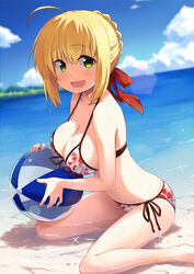  :d ahoge ball bare_arms bare_legs bare_shoulders barefoot beachball bikini black_ribbon blonde_hair blue_sky blurry blush breasts cleavage cloud collarbone commentary day depth_of_field fate/extra fate/extra_ccc fate_(series) female front-tie_bikini_top front-tie_top green_eyes hair_ribbon heart heart_print highres holding holding_ball large_breasts leaning_forward lens_flare looking_at_viewer looking_to_the_side nero_claudius_(fate) nero_claudius_(fate/extra) ocean open_mouth outdoors pink_bikini print_bikini red_ribbon ribbon short_hair side-tie_bikini_bottom sidelocks sitting sky smile solo sparkle subaru_(794829485) summer swimsuit symbol-only_commentary tareme wariza water 