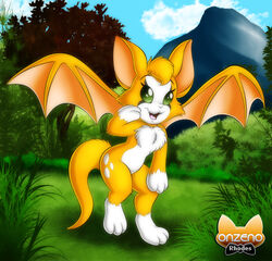  anthro bat biped cloud detailed_background dust:_an_elysian_tail female fidget_(elysian_tail) fur grass green_eyes leaf looking_at_viewer mammal membrane_(anatomy) membranous_wings mountain nimbat nude onzeno orange_body orange_fur plant sky smile solo standing teeth tongue tree watermark wings 