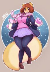  2018 anthro big_tail biped blush bottomwear breasts brown_eyes brown_hair clothed clothing digital_media_(artwork) english_text excessive_fluff female fluffy fluffy_tail footwear front_view fully_clothed fur hair handwear heart_symbol hi_res huge_tail jacket leggings legwear mammal mittens multicolored_body multicolored_fur open_mouth open_smile orange_body orange_fur outline peaches_(miu) pink_clothing pink_nose purse rodent scarf sciurid secretly_saucy shaded shoes short_hair signature skirt smile solo sweater tail tan_body tan_fur text topwear tree_squirrel two_tone_body two_tone_fur wide_hips 