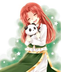  bad_id bad_pixiv_id blush braid closed_eyes collared_shirt facing_viewer female hong_meiling hug hugging_doll hugging_object kuyuru_(vocalo520) long_hair long_sleeves neck_ribbon open_mouth panda pants parted_bangs red_hair ribbon shirt smile solo star_(symbol) stuffed_animal stuffed_panda stuffed_toy touhou white_background 