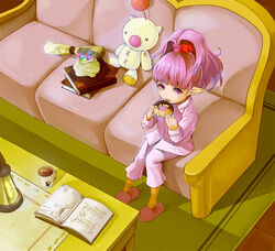  book coffee commentary_request couch cup doughnut eating female final_fantasy final_fantasy_xiv food from_above lalafell long_hair looking_up moogle mug open_mouth pajamas photoshop_(medium) pink_eyes pink_hair pointy_ears ponytail ryokuyuu sitting slippers stuffed_toy table warrior_of_light_(ff14) 