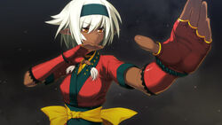  breasts dark_skin eyebrows eyebrows_visible_through_hair female fighting_stance fingerless_gloves game_cg gloves hairband highres japanese_clothes looking_away namaniku_atk nisei_muramasa nitroplus orange_eyes pointy_ears serious short_hair short_sleeves simple_background small_breasts solo soukou_akki_muramasa standing upper_body white_hair 