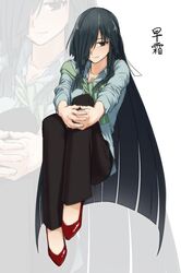  aged_up black_hair black_pants brown_eyes casual collared_shirt commentary_request enoshito female full_body hair_over_one_eye hands_on_own_knee hayashimo_(kancolle) highres kantai_collection long_hair looking_at_viewer pants red_footwear shirt shoes smile solo very_long_hair white_background zoom_layer 