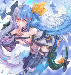  absurdres ahoge artist_logo asymmetrical_footwear asymmetrical_legwear asymmetrical_wings bent_over black_pantyhose black_thighhighs blue_hair blurry blurry_foreground bow breasts cleavage closed_mouth collarbone commentary_request dated detached_collar dizzy_(guilty_gear) falling_feathers falling_shards feathered_wings feathers female floating_hair glass_shards glint green_tail grey_hair guilty_gear guilty_gear_xrd hair_rings highres large_breasts logo long_hair long_sleeves looking_at_viewer mismatched_footwear mismatched_shoes multicolored_hair multiple_thigh_straps off-shoulder_jacket off_shoulder pantyhose pink_lips red_eyes reflection shoes solo split-color_hair standing tail tail_bow tail_ornament thigh_strap thighhighs torokkotoo two-tone_collar two-tone_hair very_long_hair white_feathers white_sleeves wings 